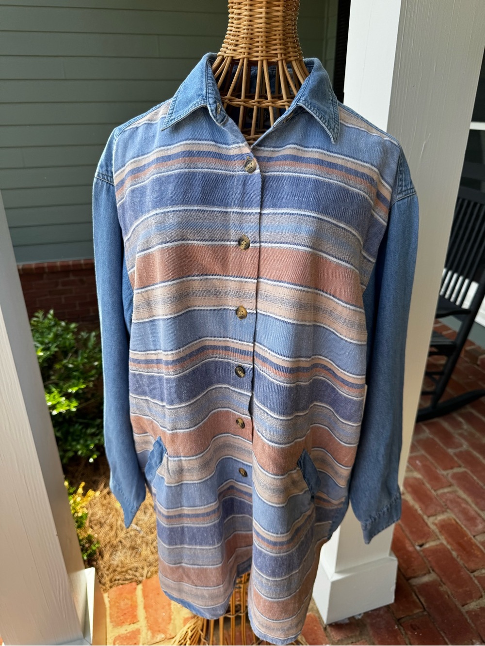 Vintage 90s Southwestern Denim Stripe Shacket Jacket L